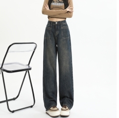 Cement gray plus velvet thickened straight jeans for women in autumn and winter new high-waisted loose slimming wide-leg pants