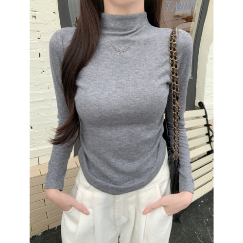 Real shot of sheep wool 280g half turtleneck long-sleeved T-shirt pleated bottoming shirt brushed thickened plus velvet