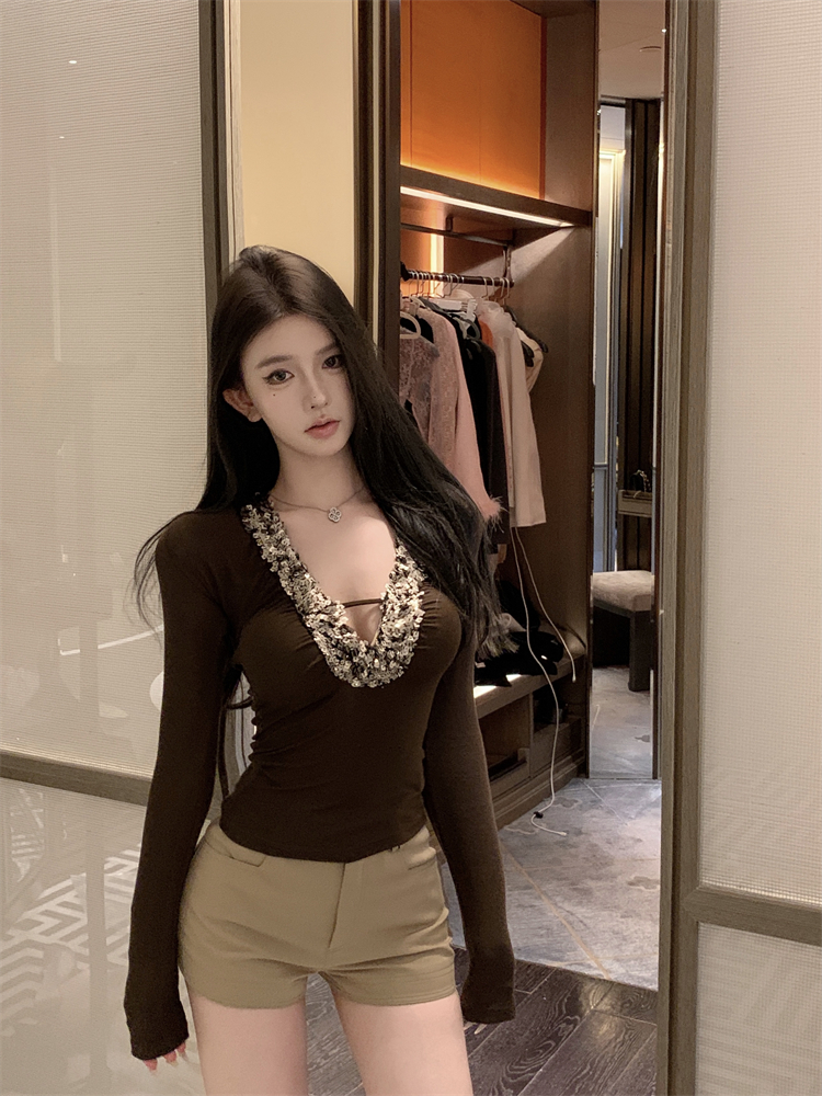 Real shot sequin splicing under shirt coffee color design sense niche heavy t-shirt top 