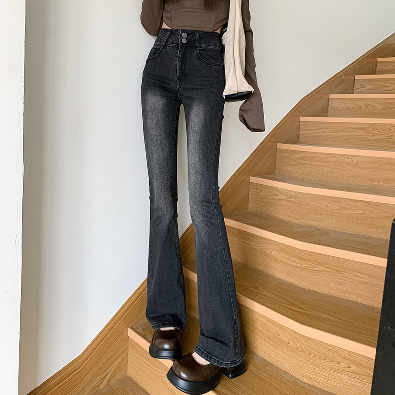 2024 autumn and winter new style retro denim trousers for women Korean style high waist elastic loose wide leg flared floor mopping pants