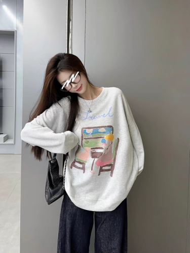 Official photo Korean style college style design print loose and versatile plus fleece casual sweatshirt plus fleece 250g