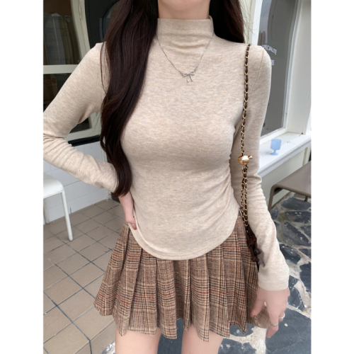 Real shot of sheep wool 280g half turtleneck long-sleeved T-shirt pleated bottoming shirt brushed thickened plus velvet