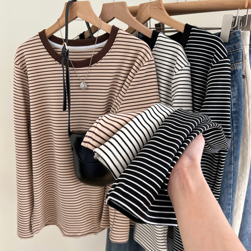 DeRong long-sleeved striped T-shirt bottoming shirt for women 2024 autumn and winter casual casual inner layering loose bottoming shirt versatile top