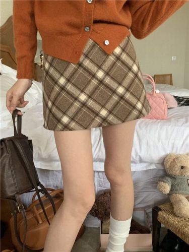 Tmall quality retro woolen red plaid skirt high waist plaid skirt hot girl a line hip skirt