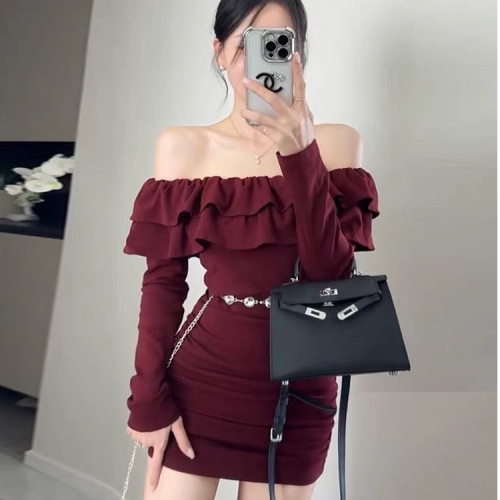 Beltless autumn design pleated slimming short skirt hot girl sexy new slim fit ruffle collar dress temperament