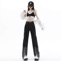 Lace-up gradient high-waisted jeans for women, new design, retro slits, versatile slimming wide-leg pants