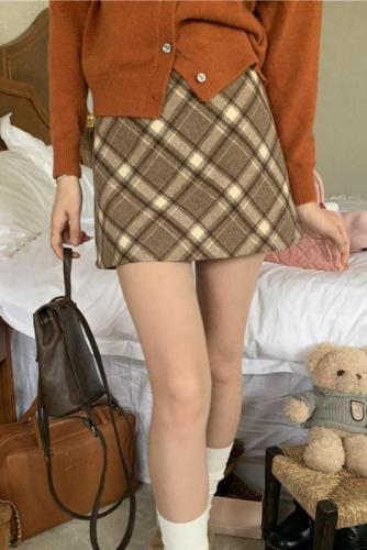 Tmall quality retro woolen red plaid skirt high waist plaid skirt hot girl a line hip skirt