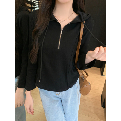 Real shot of Chinese cotton composite 2024 autumn short white hooded sweatshirt for women, bottoming shirt and hoodie