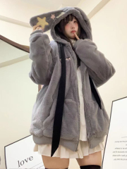 Original quality rabbit ears cute coat women's hooded plush design 2024 new winter cotton coat