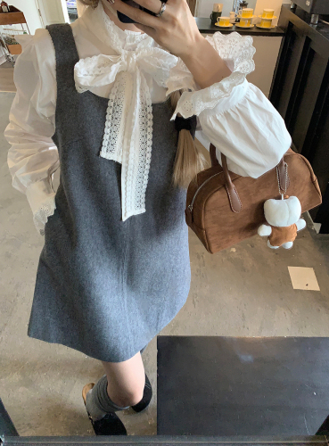 French bow tie long-sleeved shirt woolen vest dress women 2024 autumn new fashion suit trend