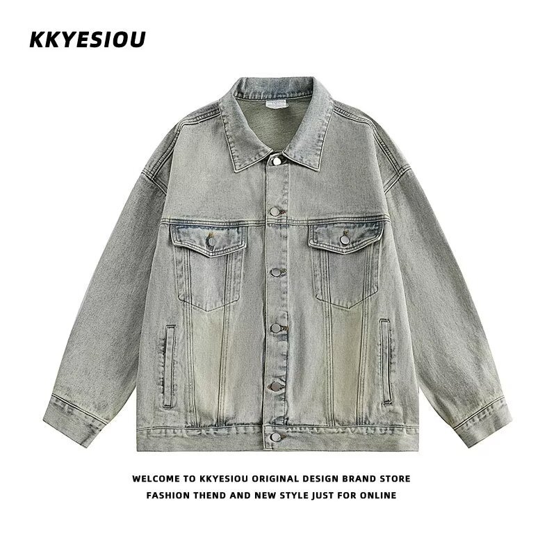 American fashion brand yellow mud washed light color fashionable denim jacket for men and women college style loose retro couple baseball uniform