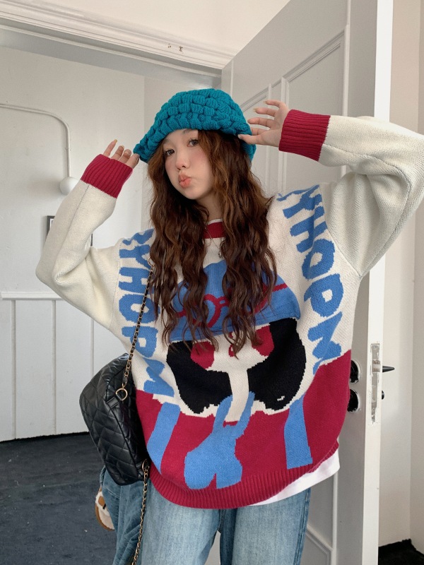 Street Sweet Style Sweater Long Sleeve Couple Round Neck Women's National Trendy Brand Knitwear Autumn Wear