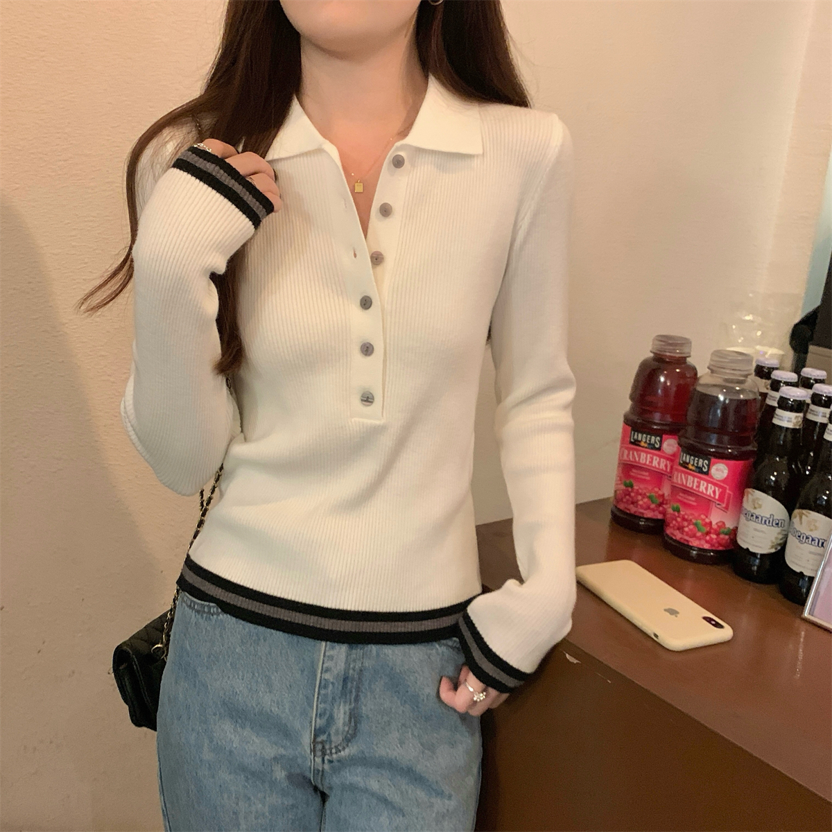 Real shot of autumn and winter Korean style temperament polo collar button color Andy velvet sweater bottoming wool long-sleeved shirt