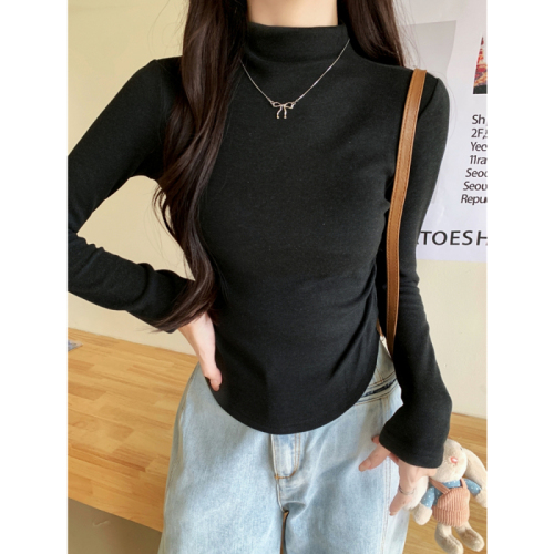 Real shot of sheep wool 280g half turtleneck long-sleeved T-shirt pleated bottoming shirt brushed thickened plus velvet