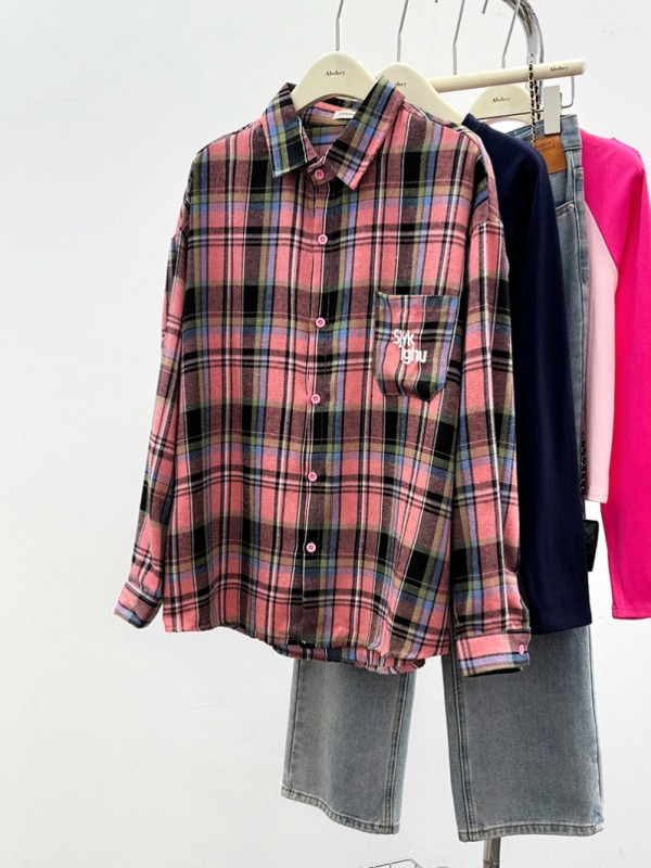 Plaid embroidered flower women's 2024 spring and autumn trendy design pocket thin shirt lapel Korean style top