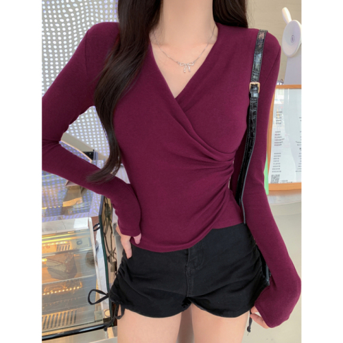 Real shot 1*1 threaded German velvet slim v-neck long-sleeved T-shirt for women pleated slim hot girl chic top