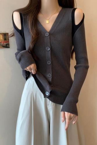 Large size autumn off-shoulder V-neck knitted cardigan for women with sweater bottoming shirt to cover belly and slimming top