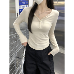 Actual shot of autumn and winter Korean style half-open collar slim fit button design versatile long-sleeved bottoming T-shirt top for women
