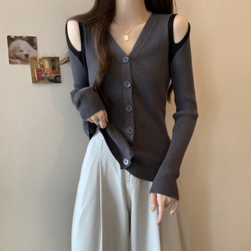 Large size autumn off-shoulder V-neck knitted cardigan for women with sweater bottoming shirt to cover belly and slimming top