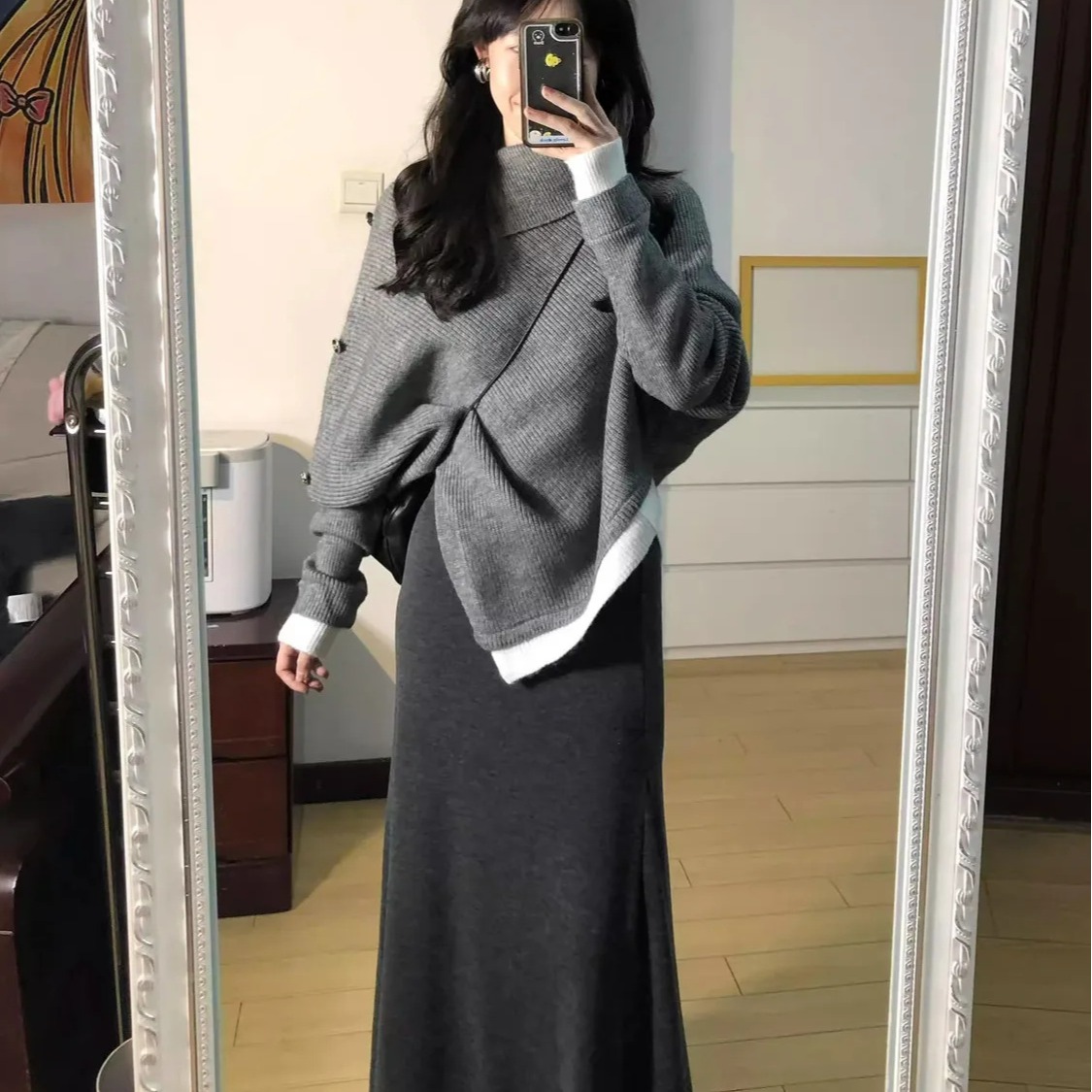 設計感寬鬆不規則高領毛衣女秋冬新款撞色假兩件慵懶針織衫上衣潮