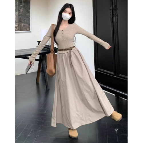 High-end long-sleeved dress for women in autumn and winter 2024 new French style bottoming square neck autumn long dress