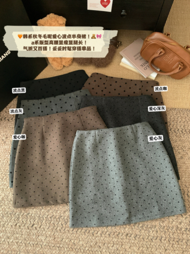 Actual shot of thick woolen Korean style versatile high-waisted hip-covering slim polka-dot skirt loving A-line short skirt for women