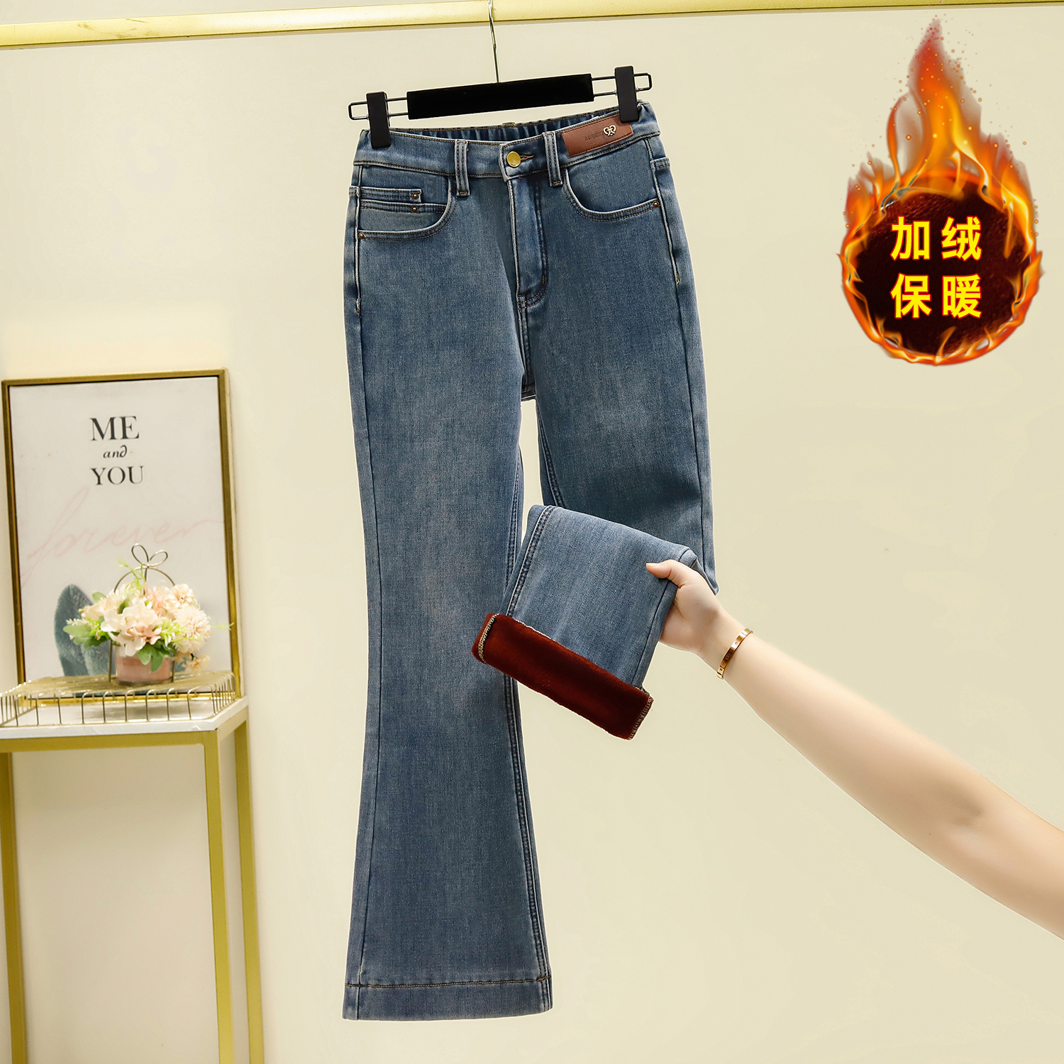 Actual shot of new winter large size elastic waist slightly flared casual plus velvet thickened denim women's trousers fat MM warm women's pants