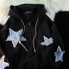 Autumn American trendy star denim patch hooded sweatshirt for men, trendy brand, loose casual zipper cardigan jacket for women