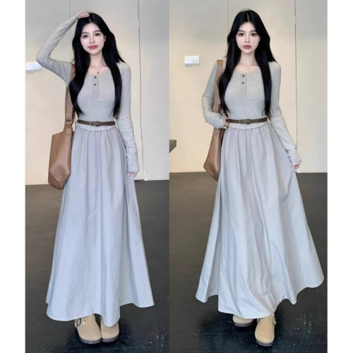 High-end long-sleeved dress for women in autumn and winter 2024 new French style bottoming square neck autumn long dress