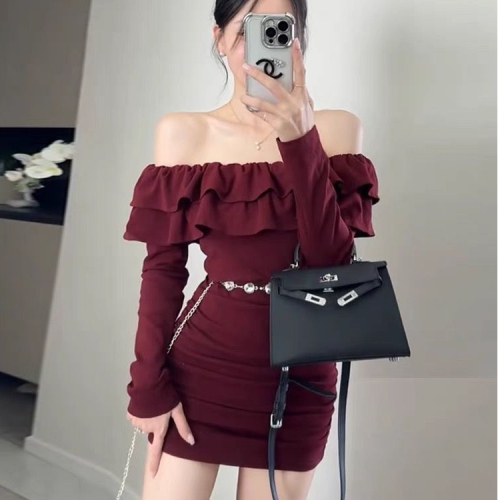 Beltless autumn design pleated slimming short skirt hot girl sexy new slim fit ruffle collar dress temperament