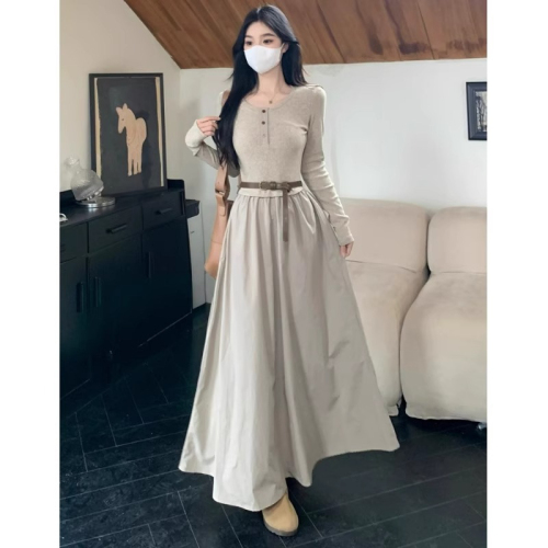 High-end long-sleeved dress for women in autumn and winter 2024 new French style bottoming square neck autumn long dress