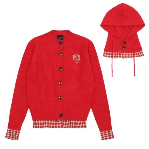 Spliced ​​plaid knitted cardigan women's autumn hat detachable ins retro versatile red sweater