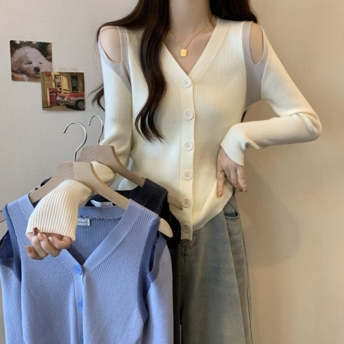 Large size autumn off-shoulder V-neck knitted cardigan for women with sweater bottoming shirt to cover belly and slimming top