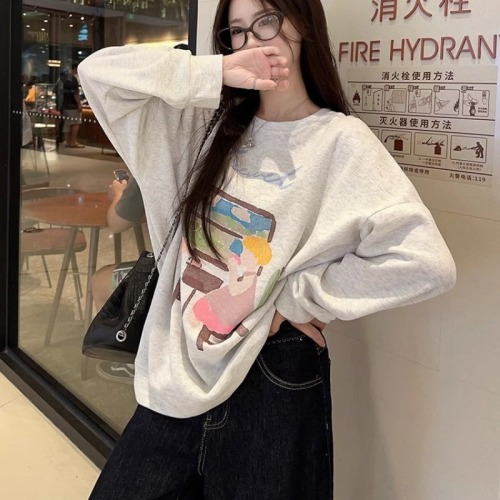 Official photo Korean style college style design print loose and versatile plus fleece casual sweatshirt plus fleece 250g