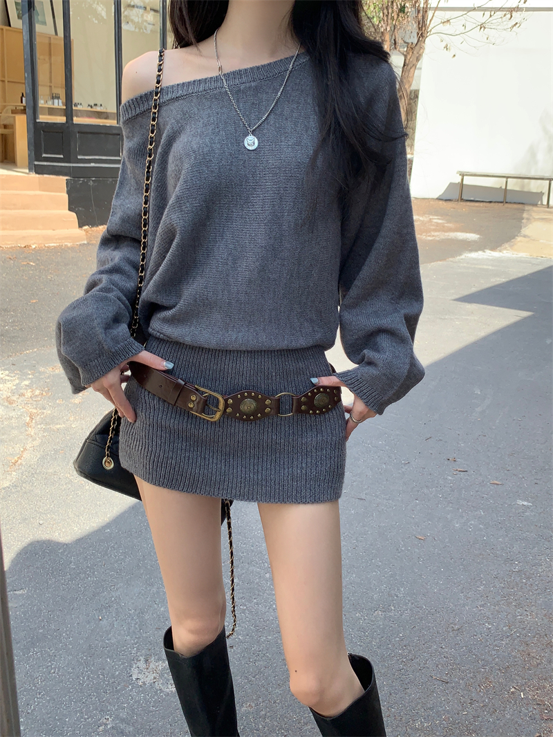 Real shot, real design, sweater knitted dress, women's autumn and winter loose waist-covering hip short skirt