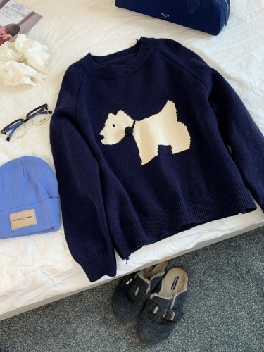 PhotographedLazyStyleFloralSetCartoonDogSweaterForWomenAutumnWinterLooseKnitTop