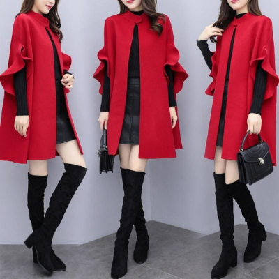 New women's spring, autumn and winter large size mid-length woolen coat women's red British A-line cloak woolen coat