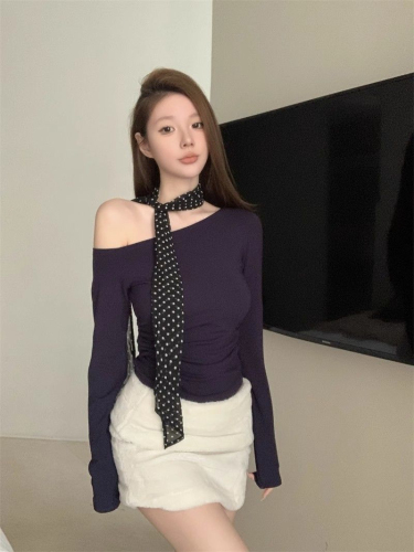 260g rayon modal with scarf slanted shoulder simple slim long-sleeved T-shirt bottoming shirt for women