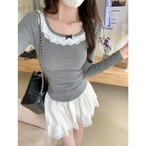 Real shot of cashmere lace plus velvet thickened brushed long-sleeved T-shirt for women in autumn and winter