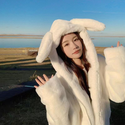 Fufu bunny ears cute lamb plush coat for women winter 2024 new thickened soft and waxy furry cotton coat