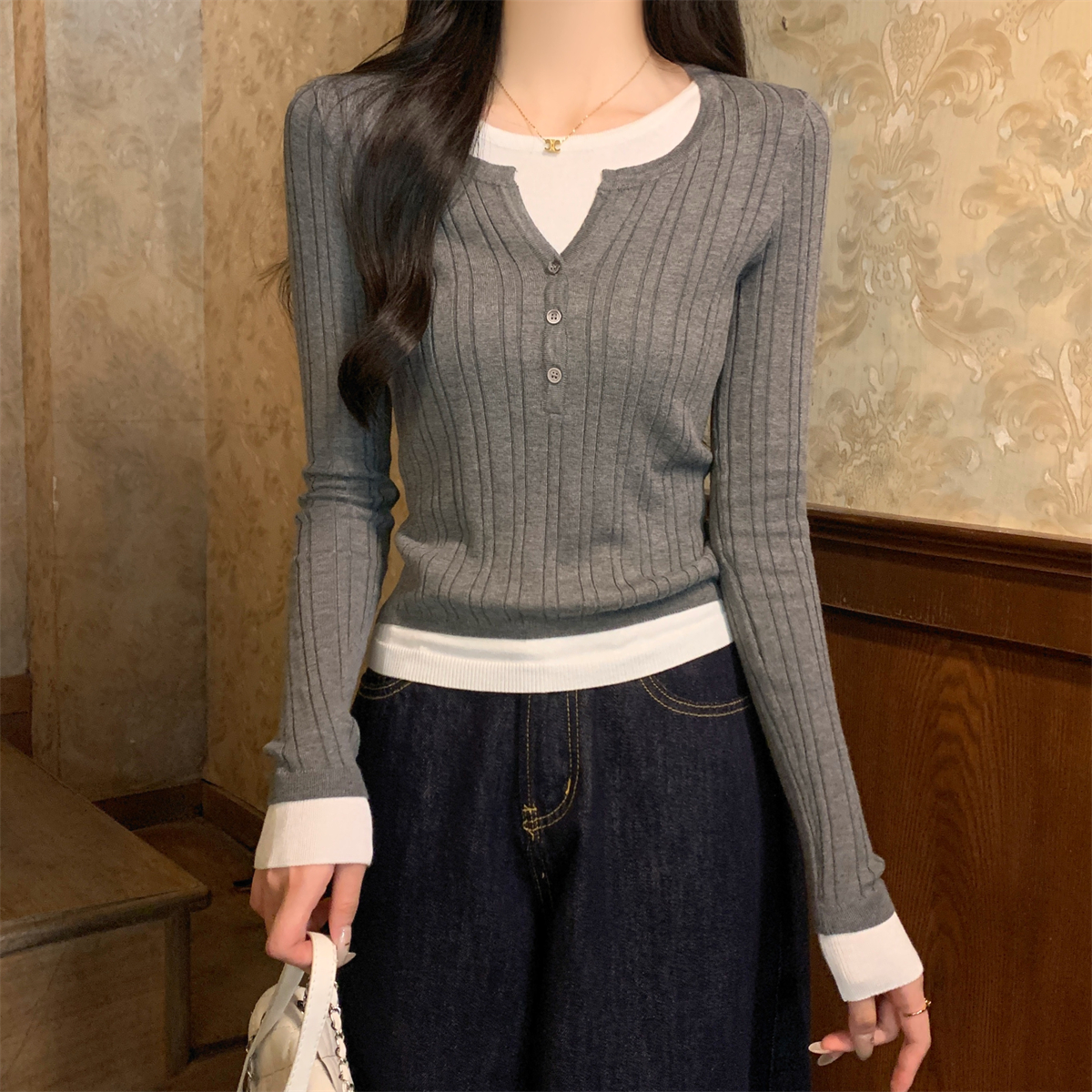 Actual shot of autumn and winter Korean style contrast color versatile half open collar button design 6 wool sweater bottoming sweater for women