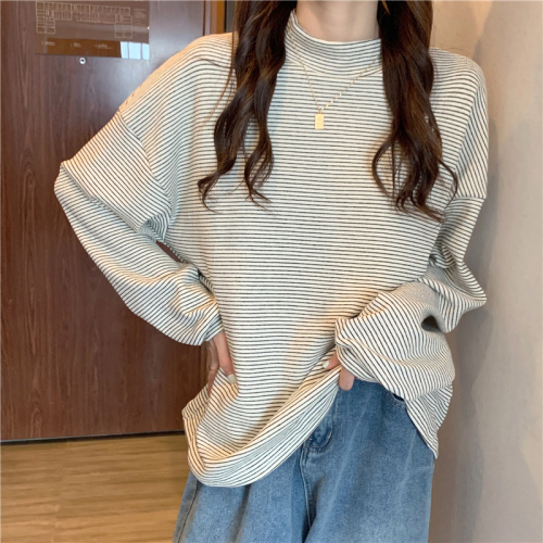 Real shot of autumn and winter half turtleneck loose striped thickened top spring and autumn long-sleeved T-shirt for women ins trend