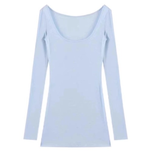 - 92 cotton/8 spandex 40 count 220g pure cotton blue U-neck long-sleeved T-shirt women's waist pure desire