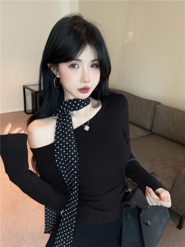 260g rayon modal with scarf slanted shoulder simple slim long-sleeved T-shirt bottoming shirt for women