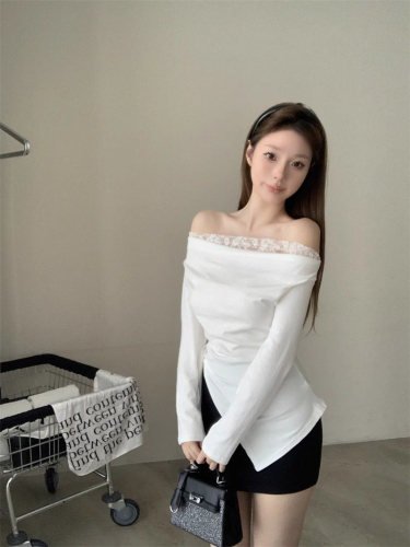 260g rayon modal fake two-piece one-shoulder T-shirt for women with lace stitching long-sleeved slim slit top