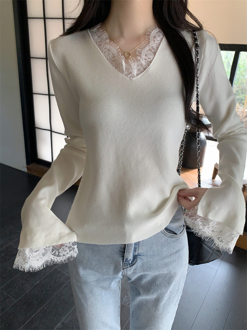 實拍 真秋冬法式氣質簡約蕾絲拼接V領針織衫女打底長袖上衣
