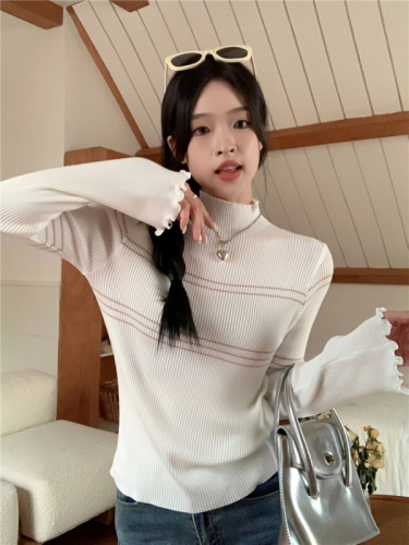 Real shot price Half turtleneck fungus edge long sleeve striped knitted inner layering shirt T-shirt top for women