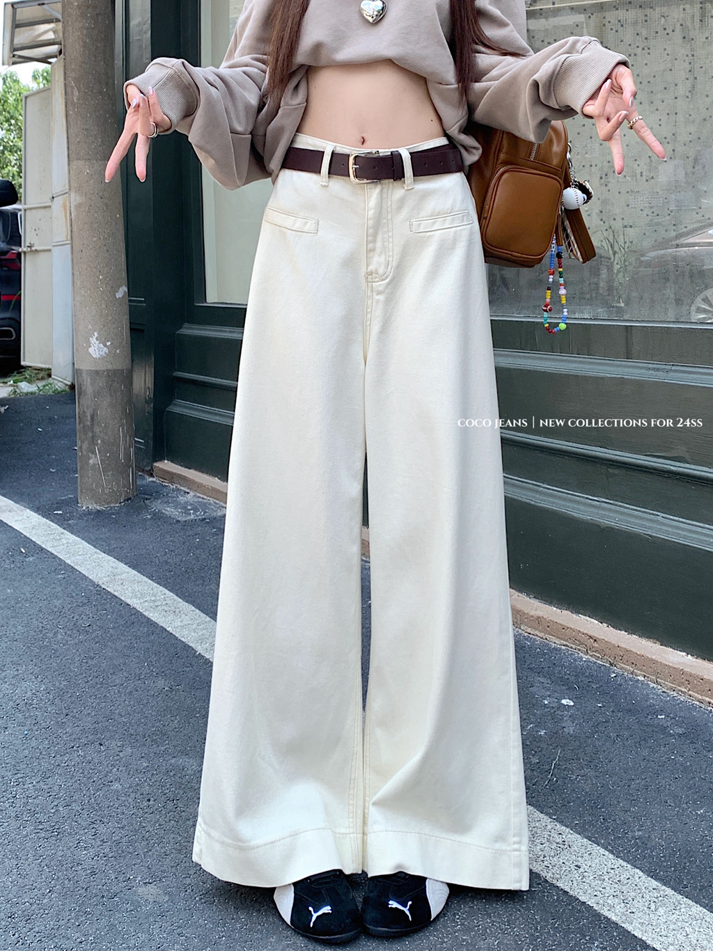 Real shot #New high waist loose jeans long pants women apricot color design straight tube wide leg pants 
