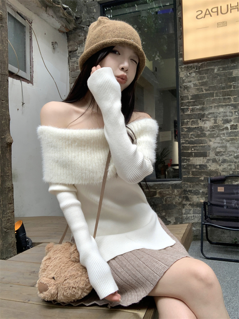 Actual shot of one-shoulder sweater for women, gentle, lazy style, off-shoulder long-sleeved pullover sweater