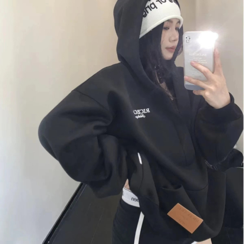 New American style lazy embroidered velvet thickened hooded sweatshirt for women oversize retro top